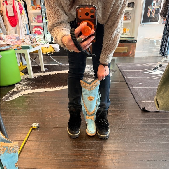 Blue and Tan Fringe Knee Boots - Picture 10 of 10